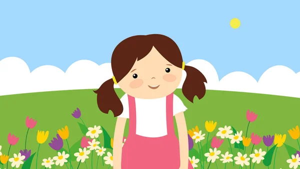 Schattig Klein Meisje Met Bloemen Het Veld Vector Illustratie Ontwerp — Stockvector