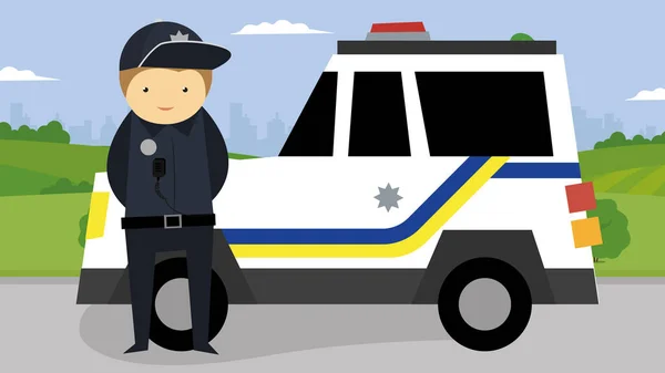 Vector Illustration Policeman Standing His Car — Vettoriale Stock