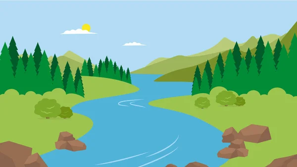 vector illustration of landscape with river, forest and green mountains