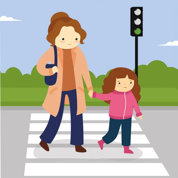 Vector Illustration Mother Daughter Crossing Road — 스톡 벡터
