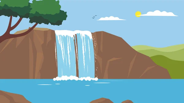 landscape with waterfall and mountains, vector illustration