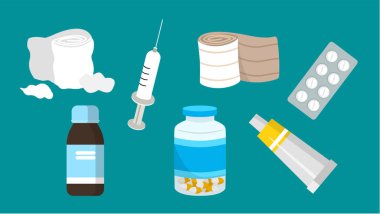 Eczane tıbbi hapları ve mavi arka planda bir şişesi olan ilaçlar. vektör illüstrasyonu