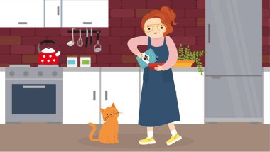 Mutfakta kedisi olan bir kadın. Düz biçimli vektör illüstrasyonu