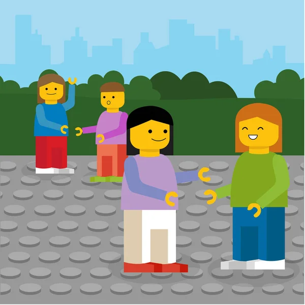 Famille Marchant Dans Parc Illustration Vectorielle Style Lego Dessin Animé — Image vectorielle