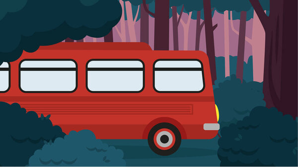 Red bus in the forest. Vector illustration in flat design style.