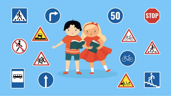 Illustrazione Vettoriale Bambini Con Cartelli Stradali Sfondo Blu Stile Piatto — Vettoriale Stock