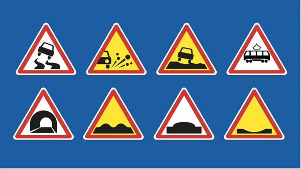 Warning Road Signs Set Isolated Blue Background Vector Illustration — Stock Vector