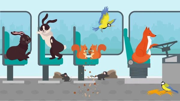 Κουνέλια Αλεπού Σκίουροι Παπαγάλοι Ποντίκια Και Πουλιά Στο Λεωφορείο Εικονογράφηση — Διανυσματικό Αρχείο