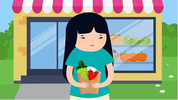 Młoda Kobieta Warzywami Supermarkecie Ilustracja Wektor Odosobnionym Tle — Wektor stockowy