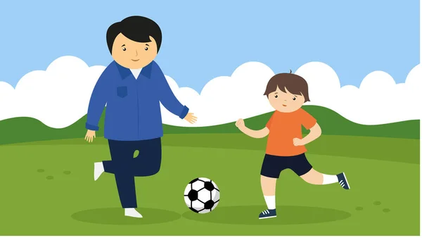 Векторная Иллюстрация Отец Сын Играют Футбол Траве — стоковый вектор