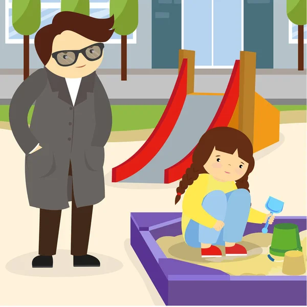 Ayah Dan Anak Bermain Sandbox Pada Gambar Vektor Taman Bermain - Stok Vektor