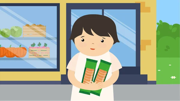 Illustration Kid Boy Standing Front Shop Groceries — Stock Vector