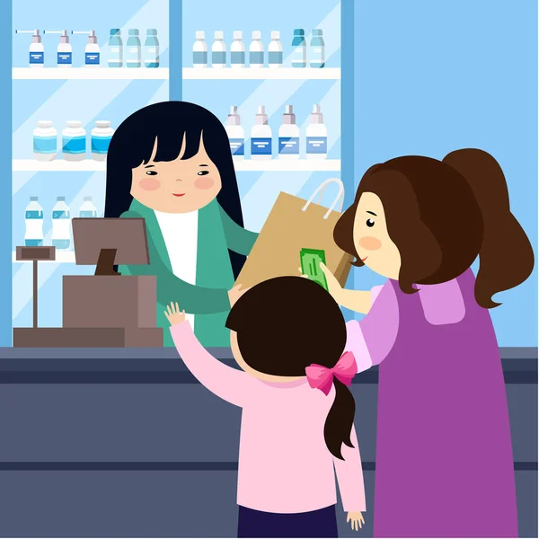 Mãe Filha Fazendo Compras Supermercado Ilustração Vetorial Estilo Plano — Vetor de Stock