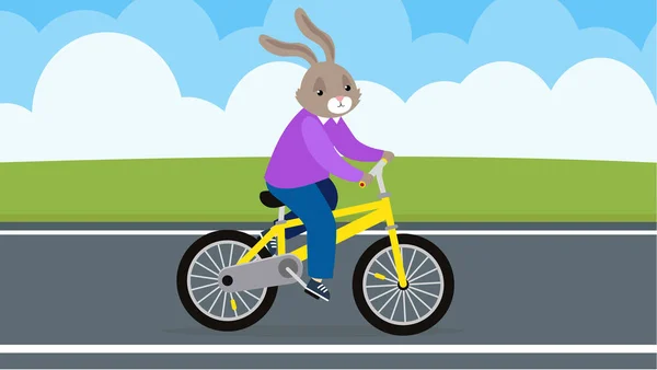 Glückliche Kleine Kaninchen Fahrrad Fahren Vektorillustration — Stockvektor