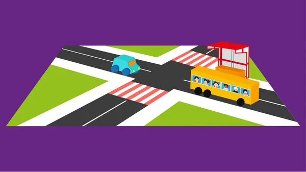 Illustration Vectorielle Carrefour Ville Avec Bus Voiture — Image vectorielle