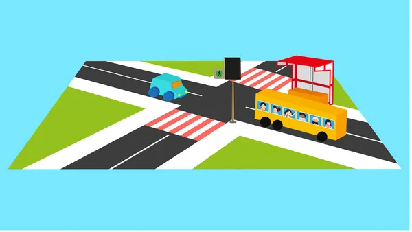 Illustration Vectorielle Carrefour Ville Avec Bus Voiture — Image vectorielle