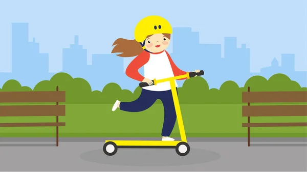 Young Girl Riding Scooter Street Vector Illustration — Stock Vector