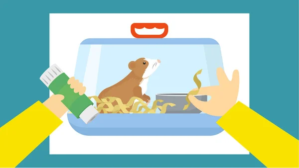 Kafesteki hamster. Evcil hayvan maması. Düz tasarım vektör çizimi