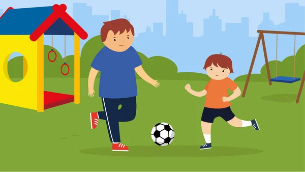 Векторная Иллюстрация Мальчика Отца Играющих Футбол — стоковый вектор