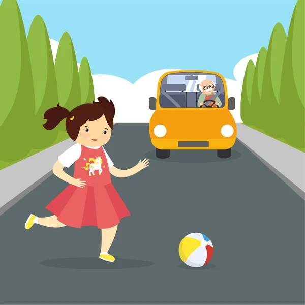 Girl Running Ball Road Car — Stock Vector