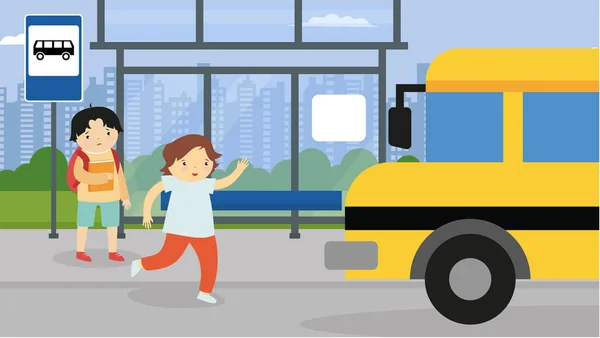 Bus Stop School Kids Vector Illustration — Stock Vector