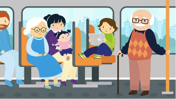 有孩子的成年人和一对老年夫妇坐公共汽车 — 图库矢量图片