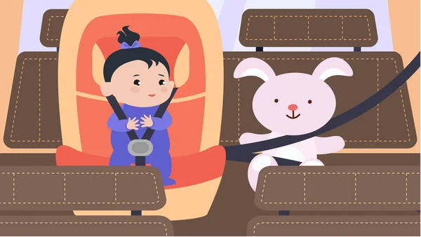 一个坐在玩具野兔旁边的汽车座位上的女孩系上安全带 — 图库矢量图片