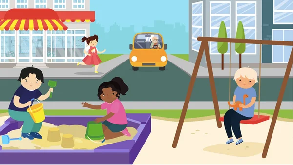 Illustration Vectorielle Des Enfants Jouant Sur Aire Jeux Avec Voiture — Image vectorielle