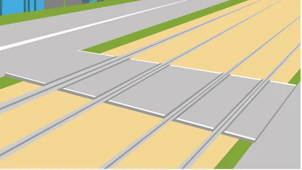 Illustration Des Autoübergangs Über Die Straßenbahnlinie Vektorillustration — Stockvektor
