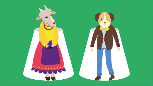 Paar Ziege Und Hund Traditioneller Kleidung Vektorillustration Flachen Stil — Stockvektor