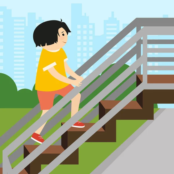 男孩在公园里爬楼梯 平面样式的矢量图解 — 图库矢量图片