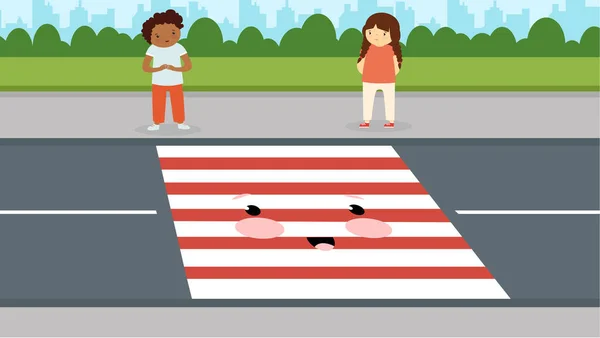 一个男孩和一个女孩正站在一个有红色条纹的十字路口 — 图库矢量图片