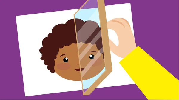 Illustration Eines Kindes Das Flachen Stil Durch Einen Spiegel Blickt — Stockvektor