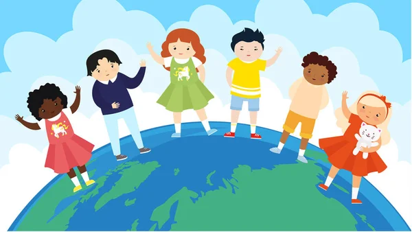 Des Enfants Différentes Nationalités Debout Sur Globe Illustration Vectorielle — Image vectorielle
