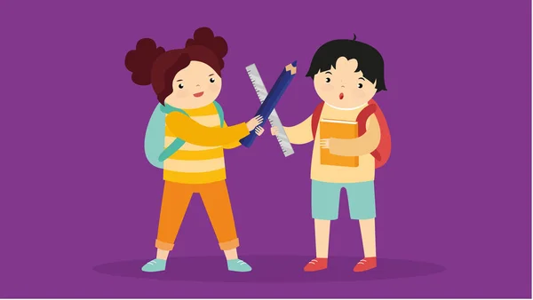 回到学校的概念 矢量插图为平面卡通风格 带着背包和尺子的男孩和女孩 — 图库矢量图片