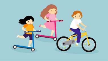 Sokakta bisiklet süren mutlu bir aile. vektör illüstrasyonu