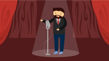 Mikrofonlu adam şarkı söyleme vektör çizimi tasarımı