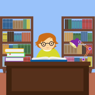 Kütüphanedeki öğrencinin vektör illüstrasyonu 