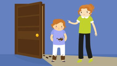 Annesi ve kirli oğlu kapının önünde duruyor. Vektör illüstrasyonu.