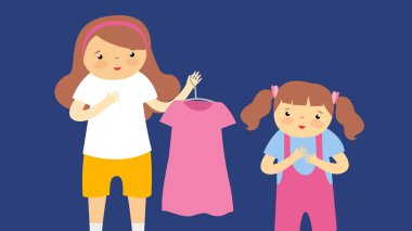 Annesi için elbise seçmeye çalışan küçük bir kızın vektör çizimi..