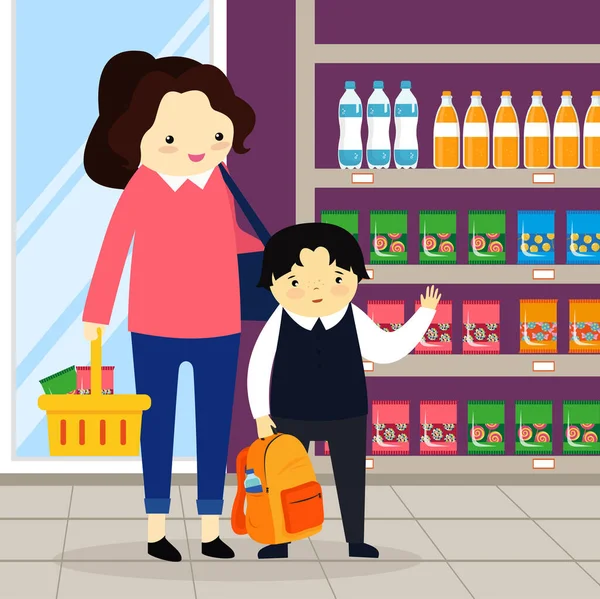 Mãe Filho Supermercado — Vetor de Stock