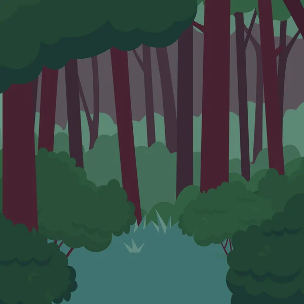 Ağaçlı Yeşil Çimenli Orman Manzarası Vektör Illüstrasyonu — Stok Vektör