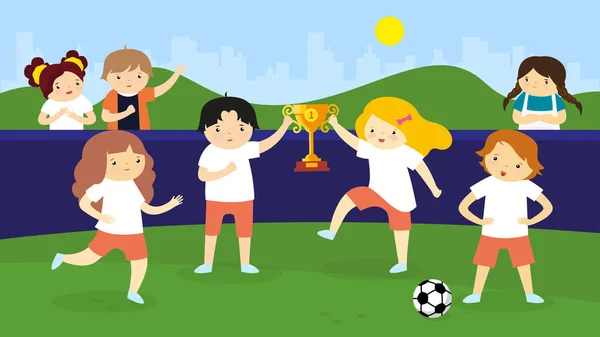 Bir Grup Çocuk Futbol Oyunu Vektör Çizimi Oynuyorlar — Stok Vektör