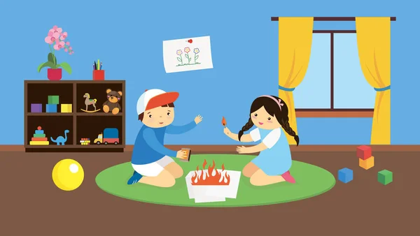 Vektor Illustration Von Kindern Die Hause Feuer Machen — Stockvektor