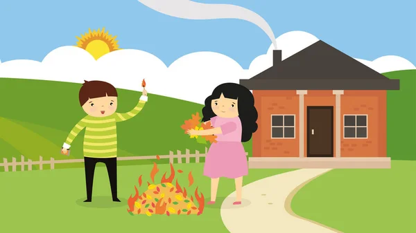 Vektorillustration Von Kindern Die Aus Den Blättern Feuer Machen — Stockvektor