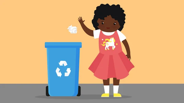 Kobieta Wrzucająca Serwetki Plastikowej Puszki Pełnej Plastikowych Śmieci Koncepcja Recyklingu — Wektor stockowy