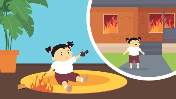 Kleines Mädchen Spielt Hinterhof Mit Einem Feuer Vektorillustration — Stockvektor