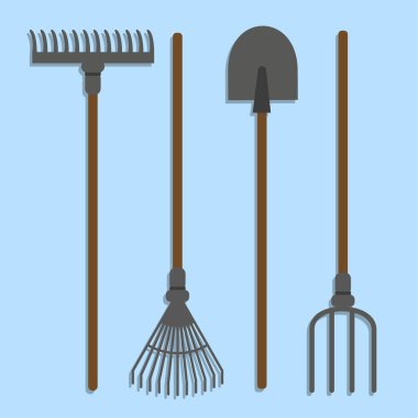 Garden tools set. Rake, pitchfork, rake, shovel. Vector illustration clipart