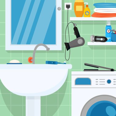 Çamaşır makineli düz banyo tasarımı, vektör illüstrasyonu