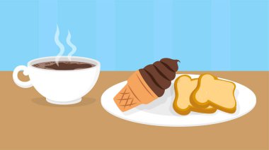 Çikolatalı dondurma, tost ve kahve.